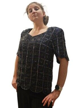 Eve's Allure 1980s Vintage  Midnight Blue Beaded Scallop Hem Short Sleeve Top